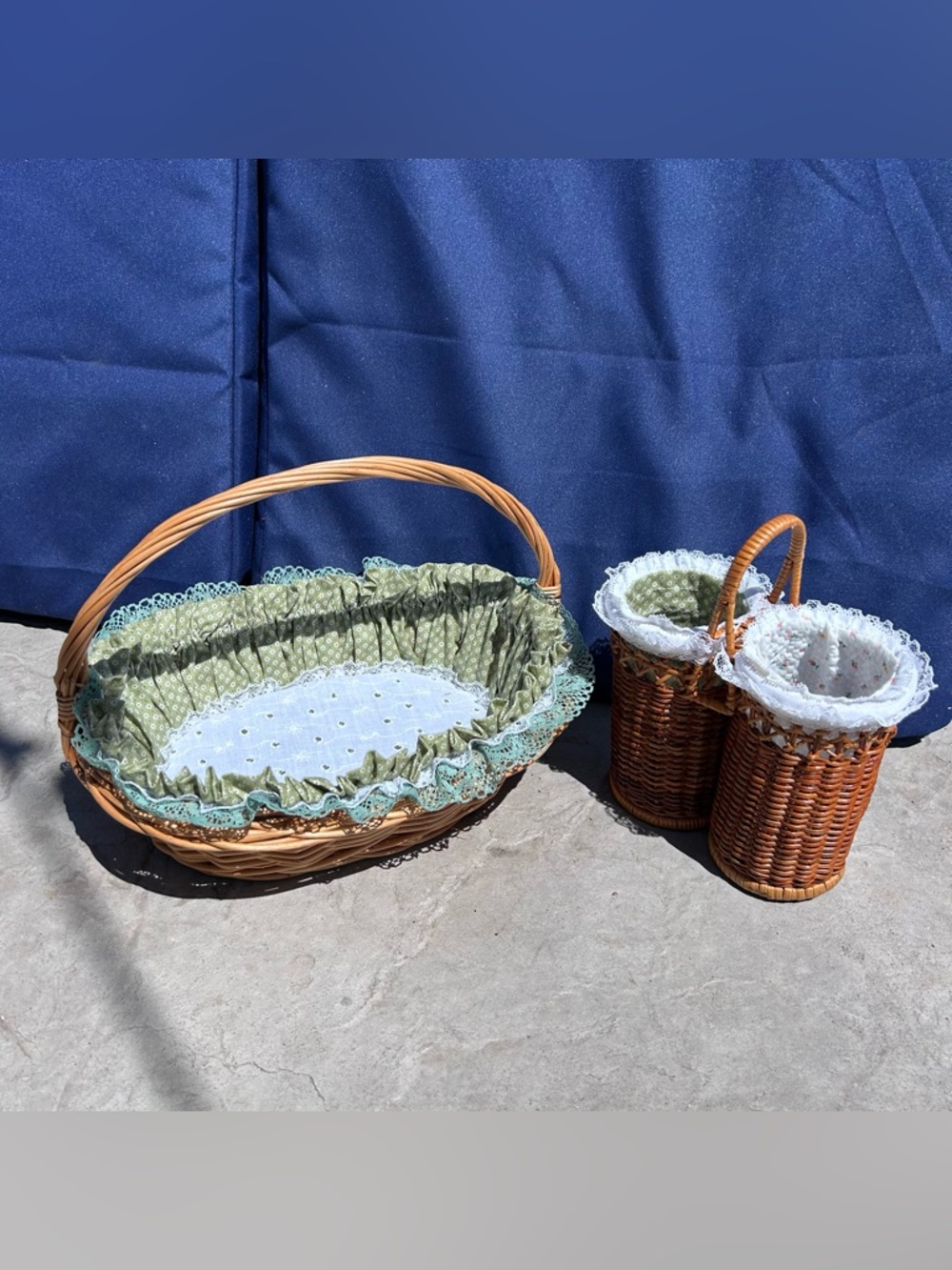 Vintage Wicker Basket Set with Green & White Fabric Liners